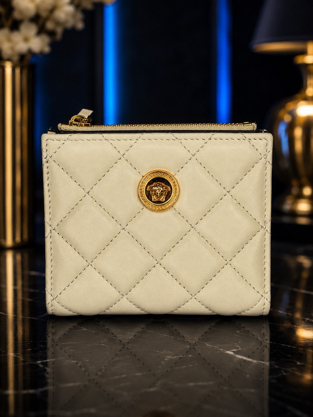 Versace Ivory Quilted Lambskin Wallet – Medusa Emblem | New | Full Inclusion